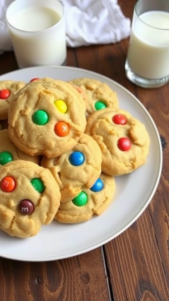 A stack of chewy M&M cookies with colorful chocolate candies, served with a glass of milk on a wooden table.